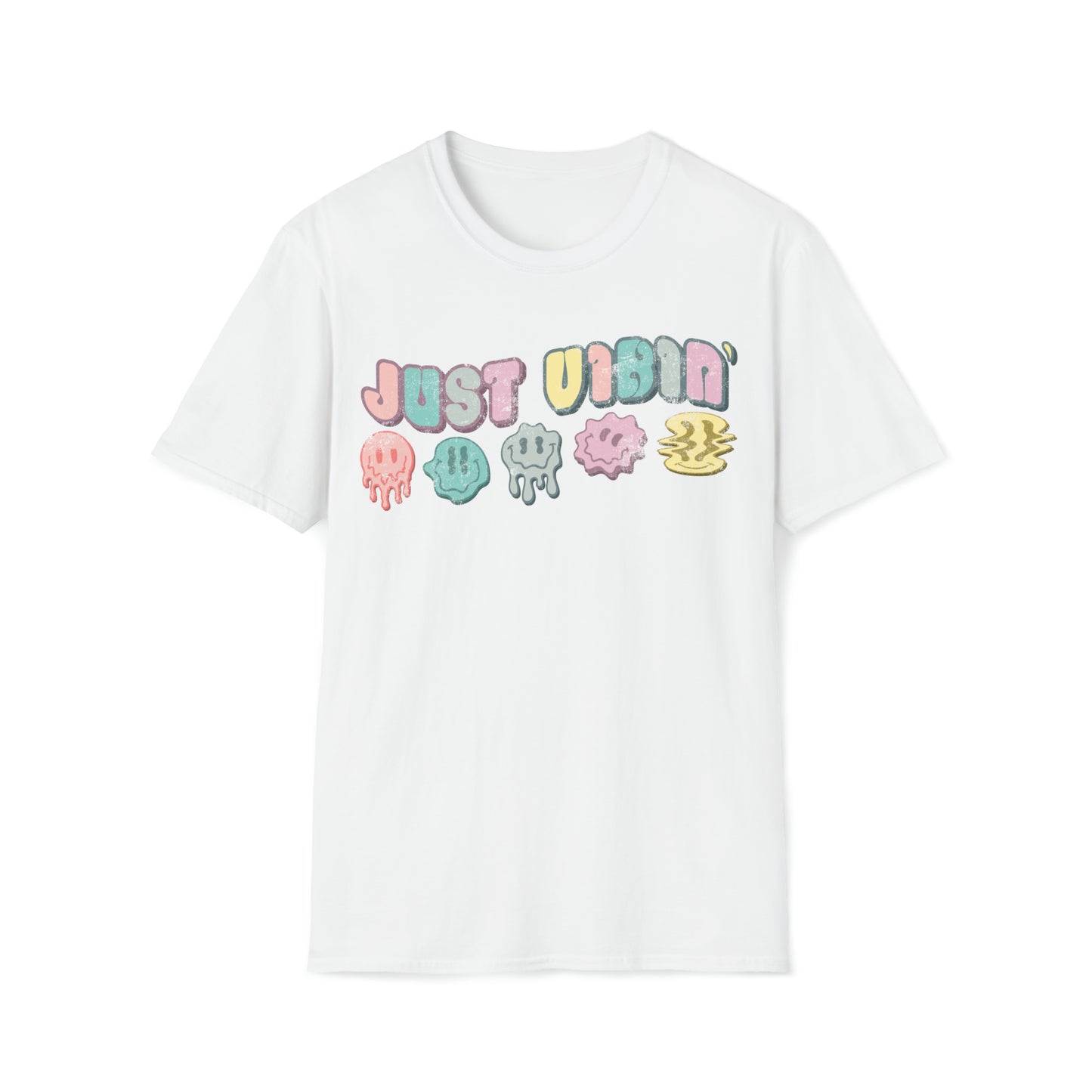 Retro Just Vibin' Pastel Dripping Smiley Faces T-Shirt