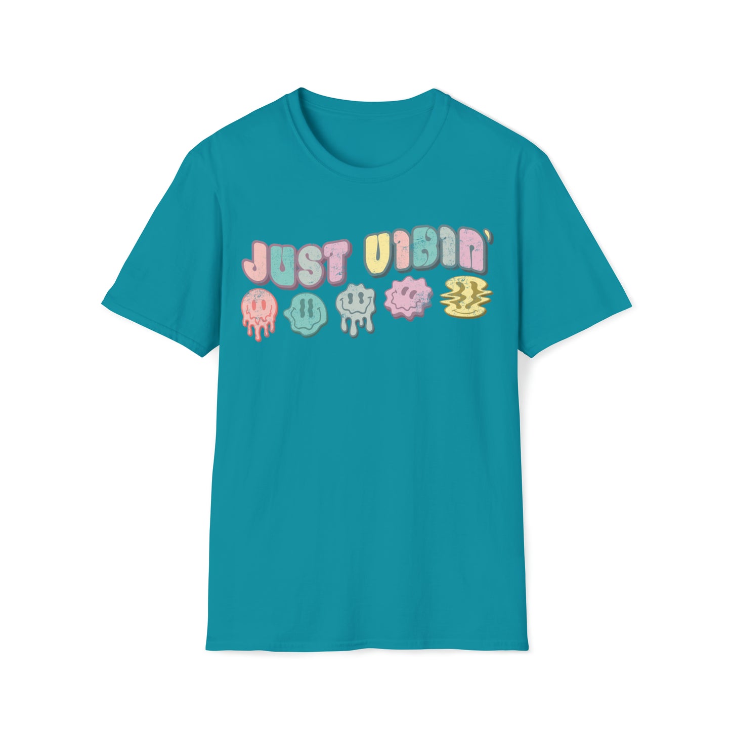 Retro Just Vibin' Pastel Dripping Smiley Faces T-Shirt