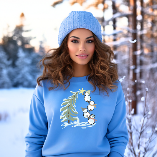 Snowmen Building a  Christmas Tree Crewneck Sweatshirt