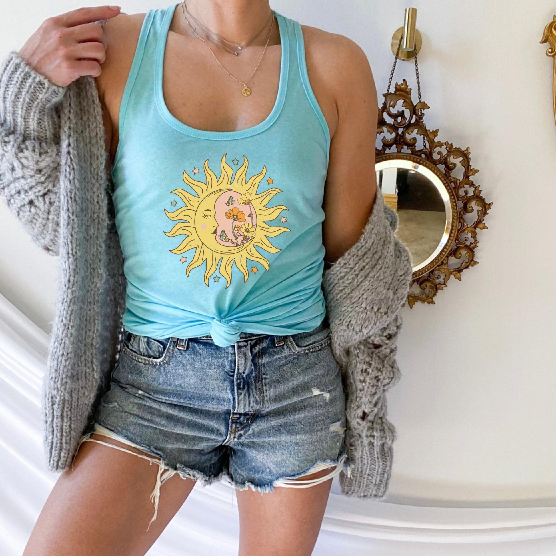 Celestial Floral Distressed Retro Aesthetic Racerback Tank