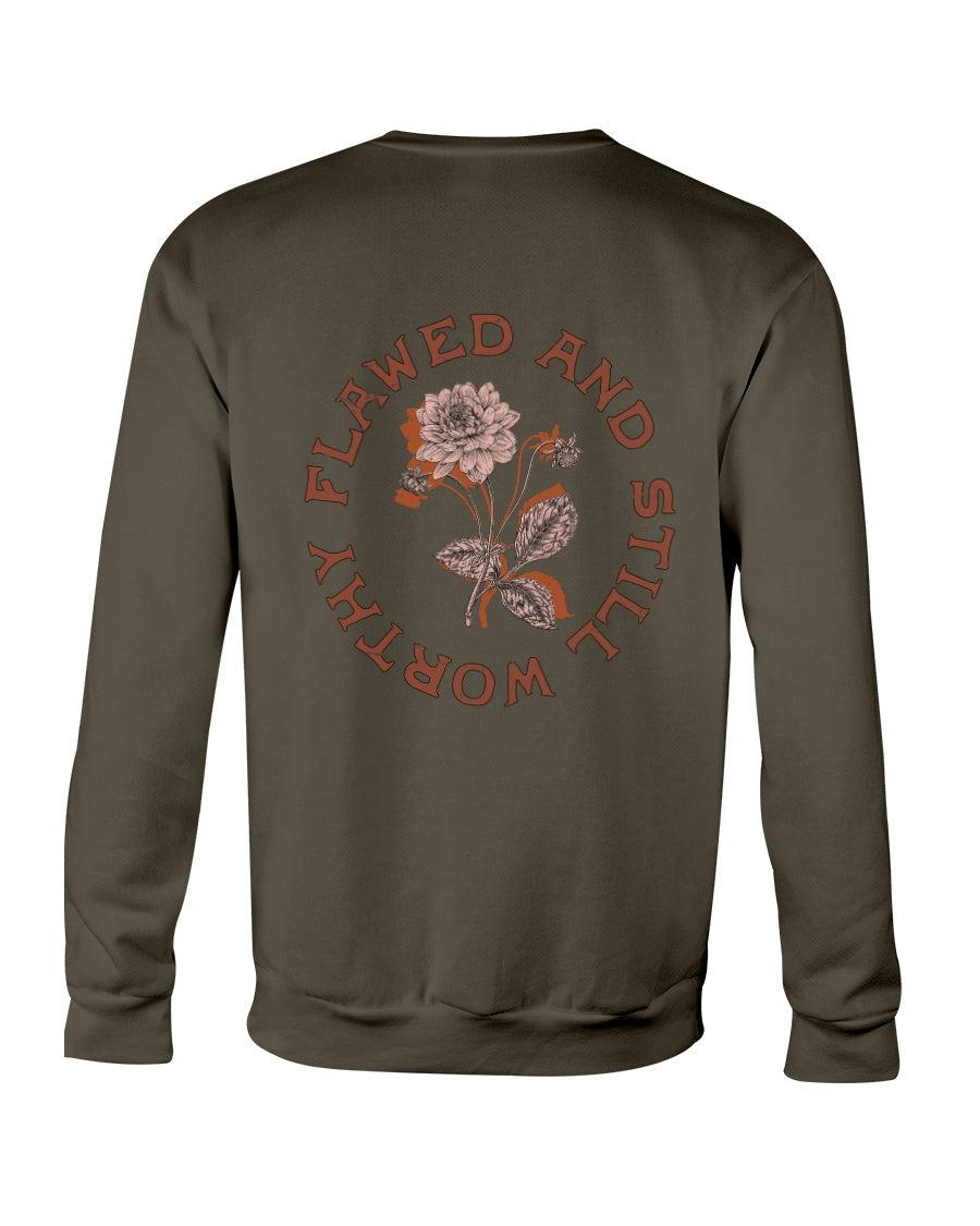 Flawed and Still Worthy Floral Distressed Retro Aesthetic Crewneck Sweatshirt