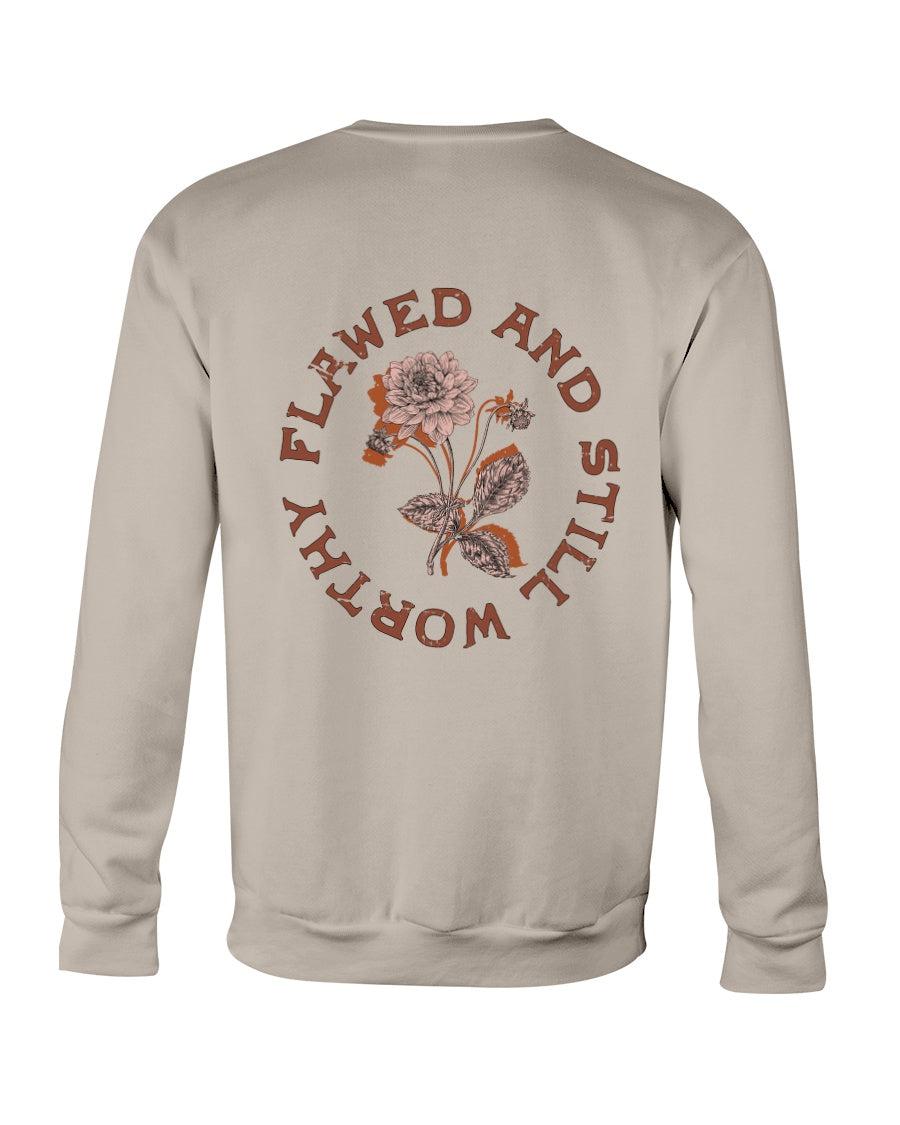 Flawed and Still Worthy Floral Distressed Retro Aesthetic Crewneck Sweatshirt