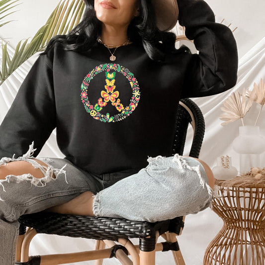 Floral Peace Sign with Butterflies Retro Aesthetic Crewneck Sweatshirt