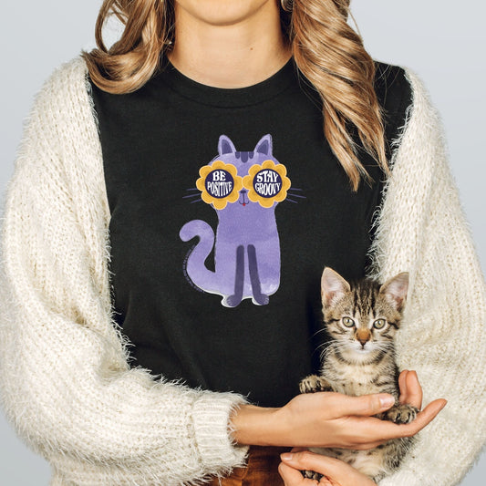 Purple Hippy Kitty Be Positive Stay Groovy T-Shirt