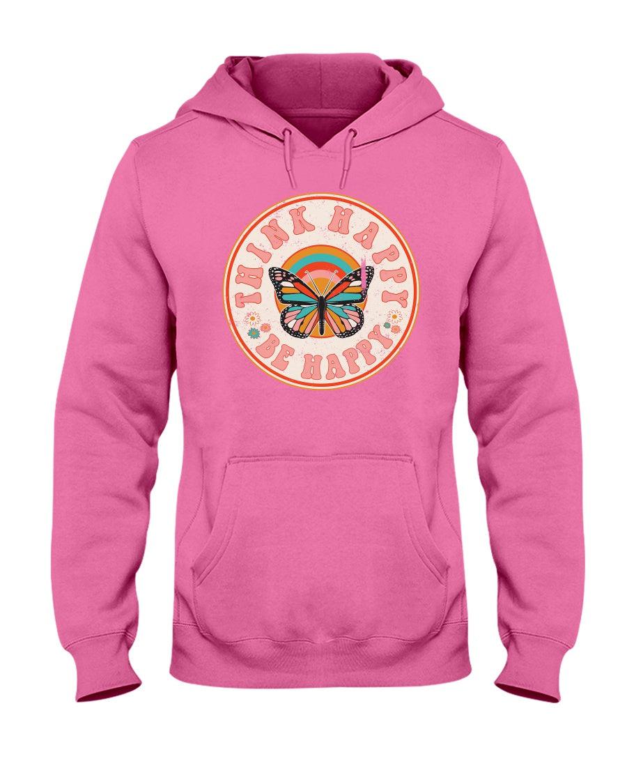 Retro Distressed Butterfly Think Happy Be Happy Hoodie