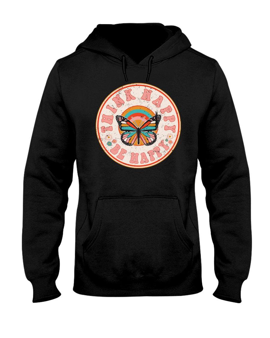 Retro Distressed Butterfly Think Happy Be Happy Hoodie