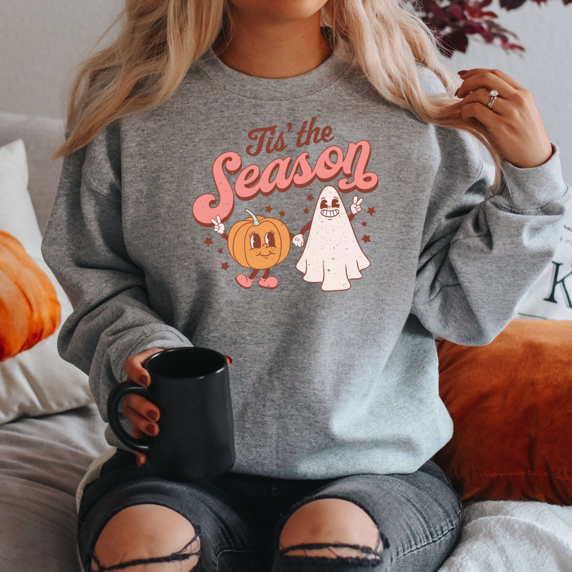 Tis the Season Pumpkin and Ghost Halloween Crewneck Sweatshirt