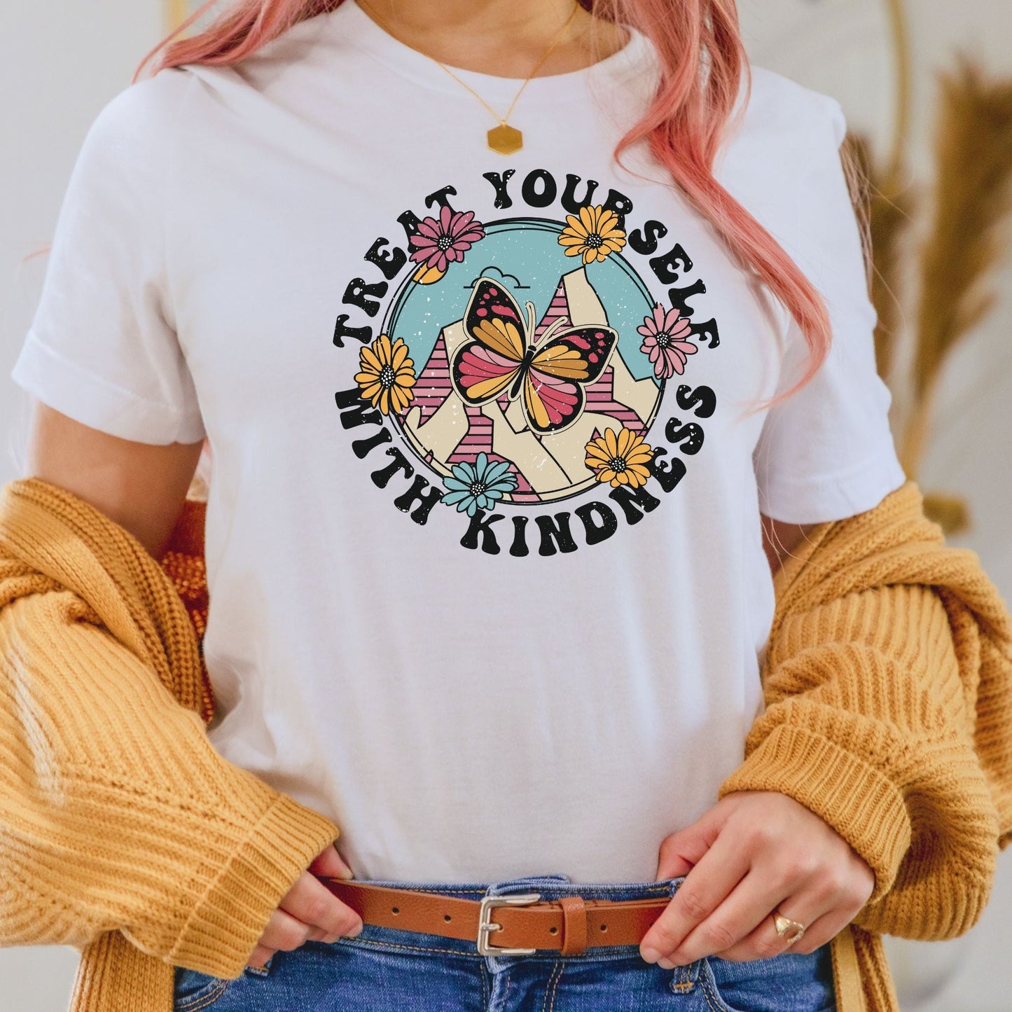 Treat Yourself with Kindness Butterfly Retro T-Shirt