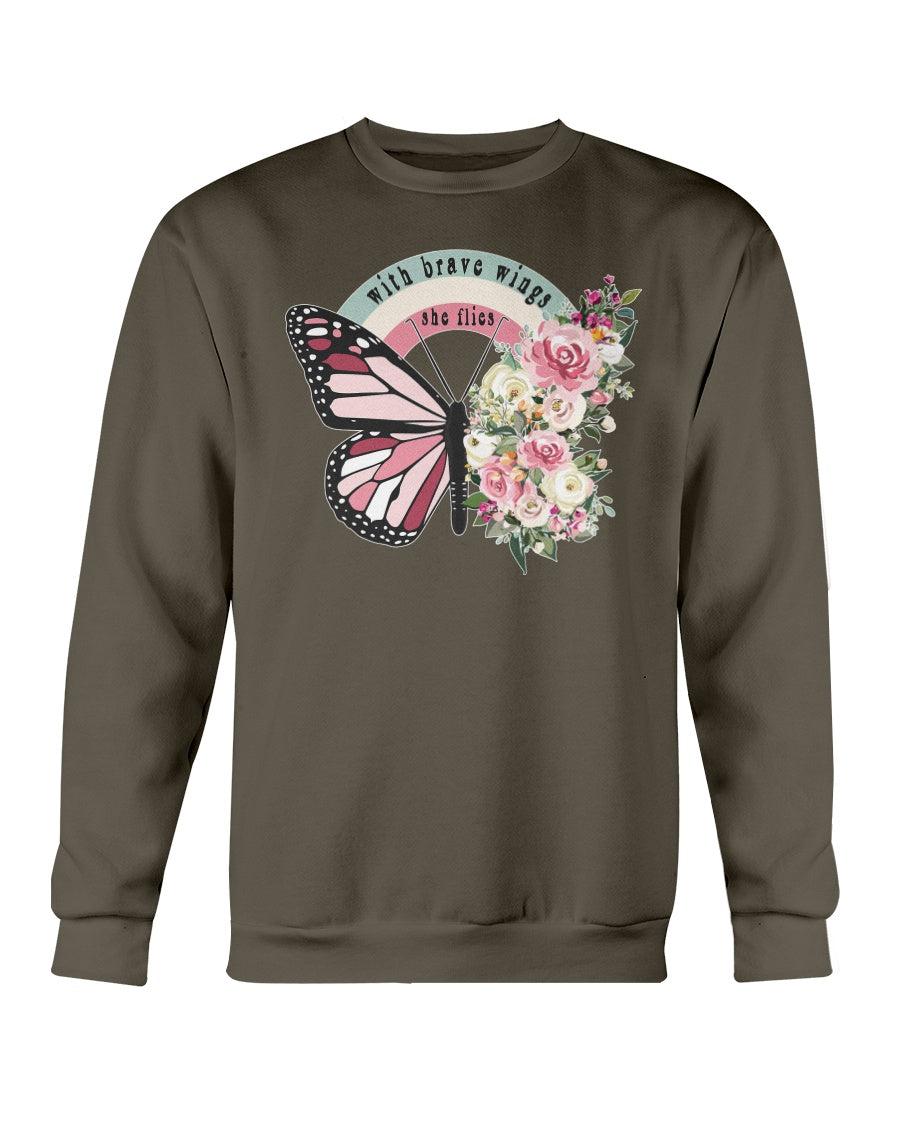 With Brave Wings She Flies Floral Retro Butterfly Crewneck Sweatshirt