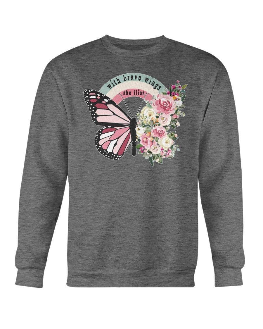 With Brave Wings She Flies Floral Retro Butterfly Crewneck Sweatshirt