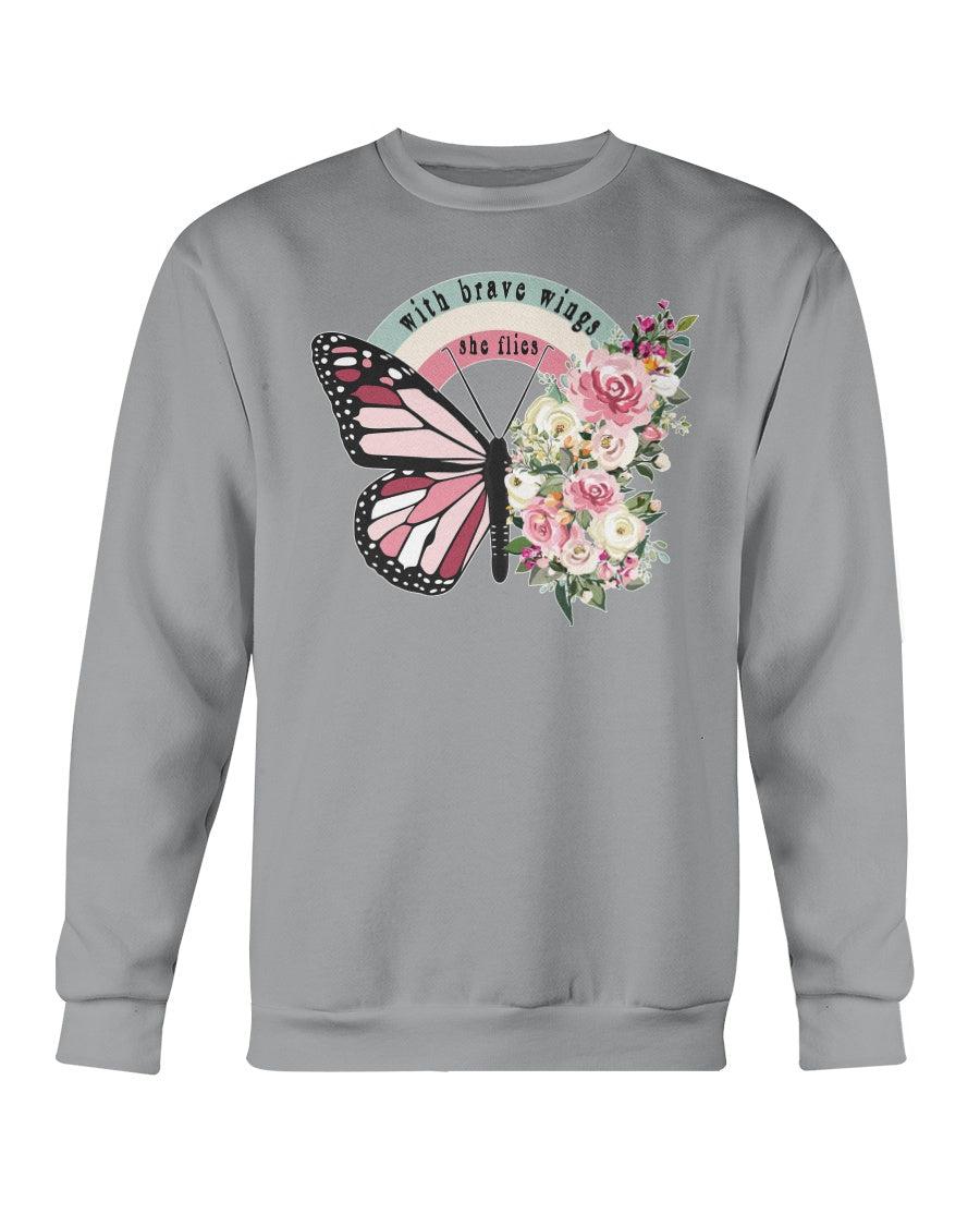 With Brave Wings She Flies Floral Retro Butterfly Crewneck Sweatshirt