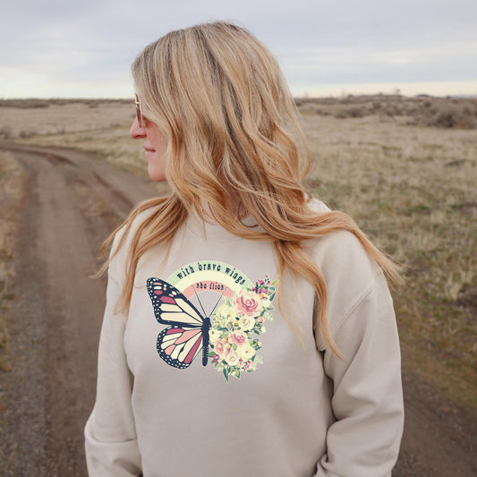 With Brave Wings She Flies Floral Retro Butterfly Crewneck Sweatshirt